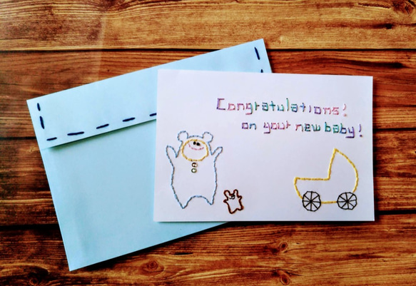 【出産祝い】紙刺繍メッセージカード(ベビーみずいろ) 3枚目の画像