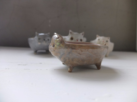【陶】貓咪陶盆-灰粉貓 第3張的照片