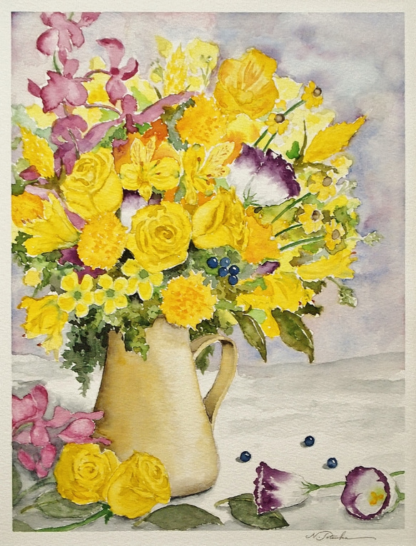 黄色いバラとトルコギキョウ 1枚目の画像