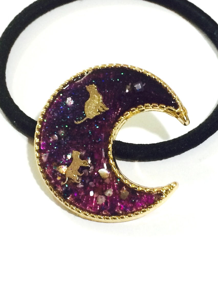 手書き　満月と鶴　ヘアゴム　ブローチ　レジン　猫 NO.1019❤猫❤レジンへアゴム ブローチ