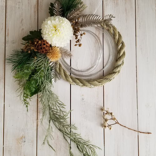 白ポンポン菊のナチュラルしめ縄 しめ縄・しめ飾り ハッピーパステル