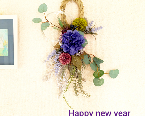 ブルーダリアとラベンダーのしめ縄リース しめ縄・しめ飾り ハッピー