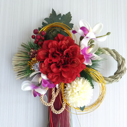 再販！！お正月飾り しめ縄飾り赤いダリアと白いポンポン菊と