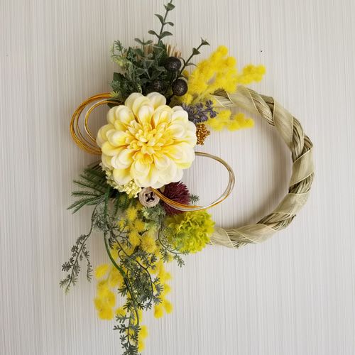 お正月飾り しめ縄 黄色のダリアとミモザ しめ縄・しめ飾り ハッピー