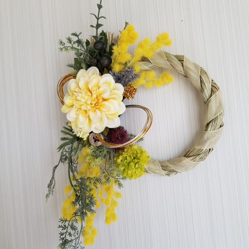 お正月飾り しめ縄 黄色のダリアとミモザ しめ縄・しめ飾り ハッピー