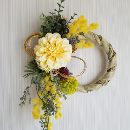 お正月飾り しめ縄 黄色のダリアとミモザ しめ縄・しめ飾り ハッピー