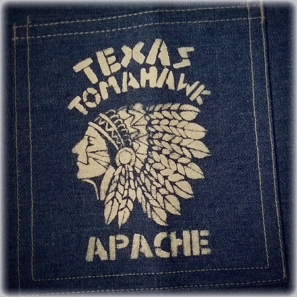 デニムエプロン❤ステンシル　世田谷ベース　ネイティブ柄　オルテガ　英字　プリント　インディアン　男前 2枚目の画像