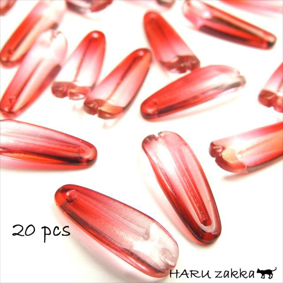 [20 顆] 花瓣玻璃珠頂孔 ★g 紅色清除 ★25×9mm★漸變 (garasb-l25) 第1張的照片