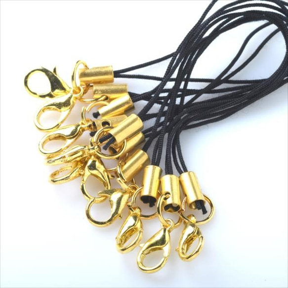 T-037 カニカン ストラップ☆ブラック×ゴールド☆10本 カニカン付き