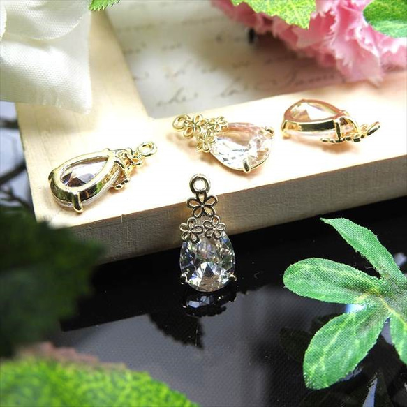 [4 件] Flower Shizuku Charms Bronze Gold / Up ★ Glass Stone Charm 第1張的照片