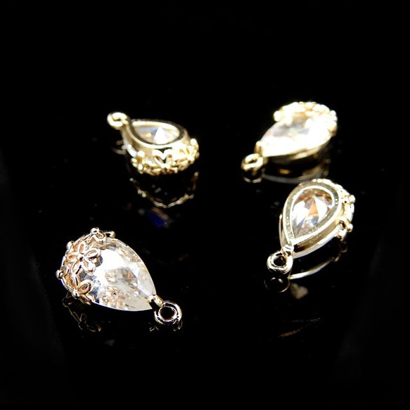 [4 pieces] Flower drop charm ★Bronze gold/down ★Glass stone char 第3張的照片