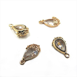 [4 pieces] Flower drop charm ★Bronze gold/down ★Glass stone char 第4張的照片