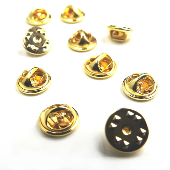 【10個】ピンバッチ 蝶タック★ゴールド/11ｍｍ★留め具 キャッチ 金具 1枚目の画像