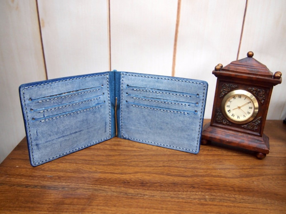 ［在旅途中系列］手縫皮革紙幣夾銀包 [牛仔褲色(Jeans Color)] 銀紙夾 MONEY CLIP WALLET 第5張的照片