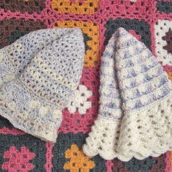 綿麻羊毛の春夏帽子 模様編み 白青系１ 2枚目の画像