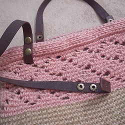 麻模様編みバッグ-ピンク+ベージュ 3枚目の画像