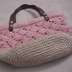 麻模様編みバッグ-ピンク+ベージュ 4枚目の画像