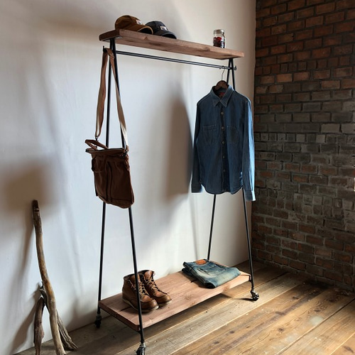 アイアンハンガーラック木古木☆送料込キャスター付インダストリアル