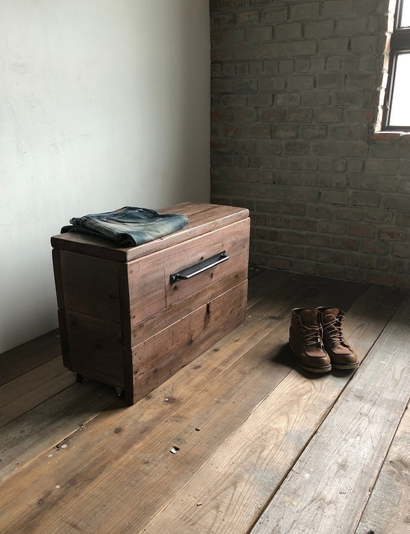 数量限定　M-BOX-mini　収納　ボックス　椅子　ベンチ キャスター　収納箱　古材　木箱　アイアン　ウッドボックス 1枚目の画像