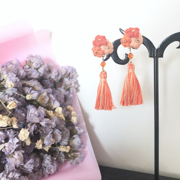 【訂製】花花流蘇耳環 秋楓 耳環 Crochet Flower Tassel Earrings 第1張的照片