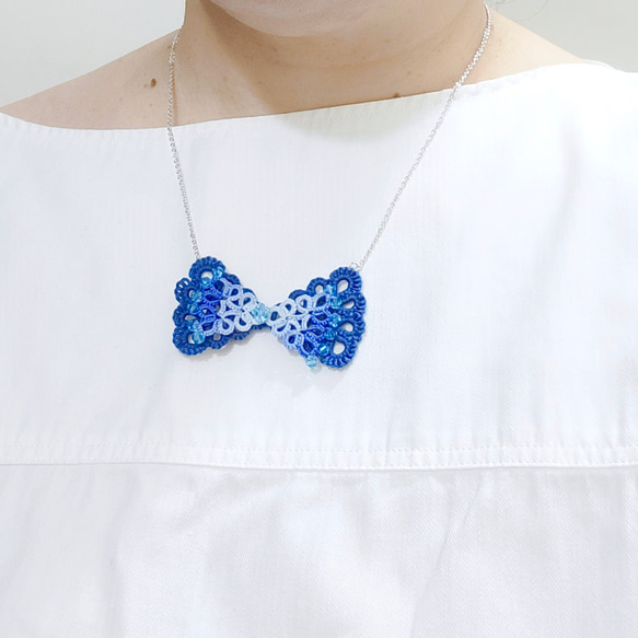 【訂製】雙蝴蝶 漸變藍 項鍊 Double Bow Necklace 第2張的照片