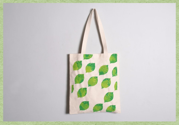 手繪手印 9oz胚布提袋【多顆檸檬】單面/雙面 手提/肩背 黃綠/綠 第2張的照片