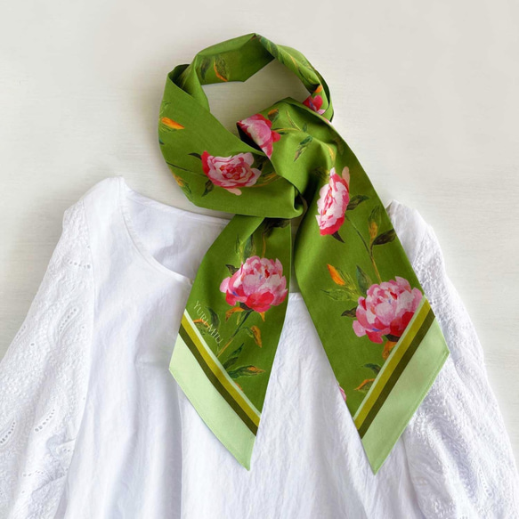 斜紋圍巾｜牡丹花綠（棉） 第2張的照片