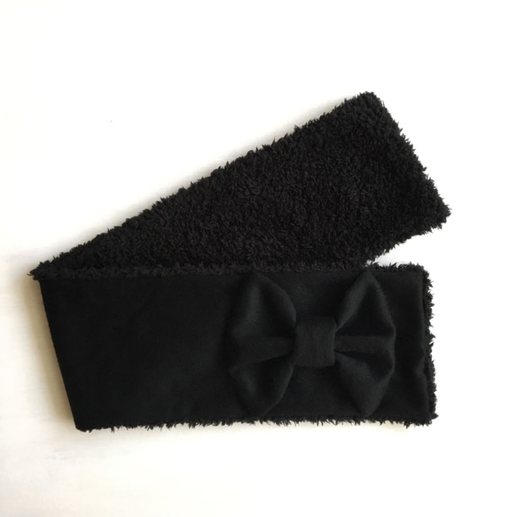 蓬鬆♪絲帶圍巾（拉絲羊毛×貴賓犬毛皮）黑色×黑色 第4張的照片