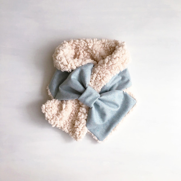 新♪蓬鬆的絲帶圍巾（花呢×貴賓犬毛皮）淺藍色×米白色 第3張的照片