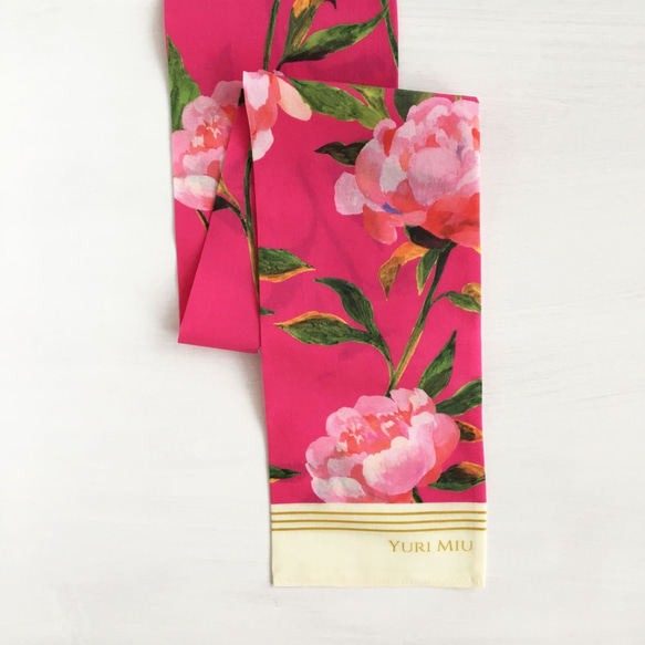 銷售★緞帶圍巾｜牡丹花園（牡丹/洋紅色粉紅色）棉 第5張的照片