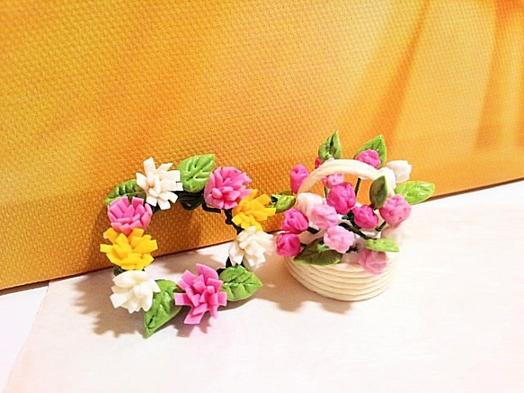 ミニチュア粘土 フラワーリース＆花かご【2個セット】 樹脂