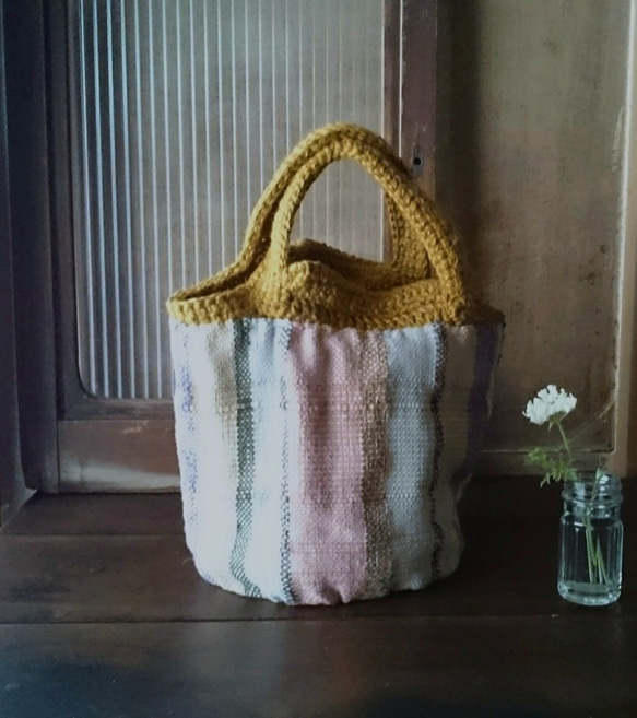 麻糸と手織り布のリバーシブルバッグ 2枚目の画像