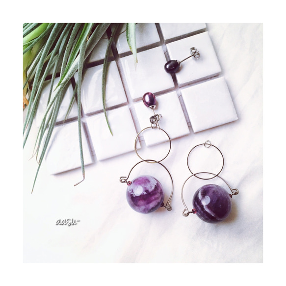 紫晶大環W¯¯淡水珍珠耳環 第1張的照片
