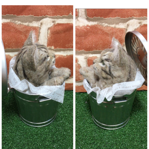 ◇ ぴょこ ニャン ◇バケツ☆*°羊毛フェルト猫 キジトラ☆*。 羊毛 