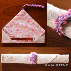 全套【套裝】擦漆筷+筷袋（白×桃小花）/【套裝】筷子包（白×花） 第4張的照片