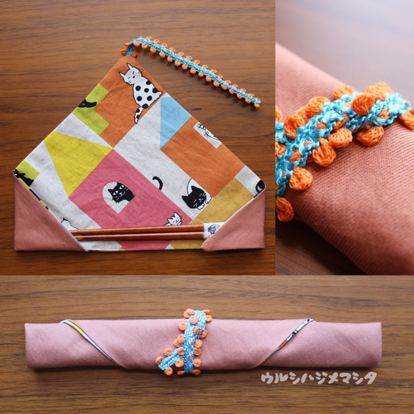 完売：リバーシブル箸袋(桜×猫)/REVERSIBLE CHOPSTICKS BAG(Sakura×Cat) 4枚目の画像