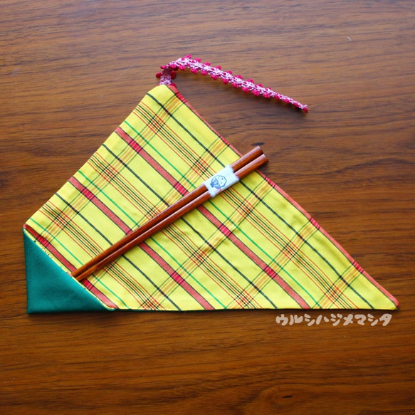 [Set]擦漆筷子+筷子袋（綠色x和服/黃色條紋）/ [Set]筷子和提包（綠色x和服） 第1張的照片