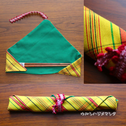 雙面筷子袋（綠色×和服/黃色條紋）/可逆筷子袋（綠色×和服） 第4張的照片