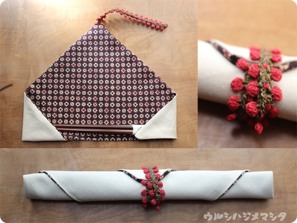 完売：リバーシブル箸袋(白×着物小花)/ REVERSIBLE CHOPSTICKS BAG(Kimono) 2枚目の画像