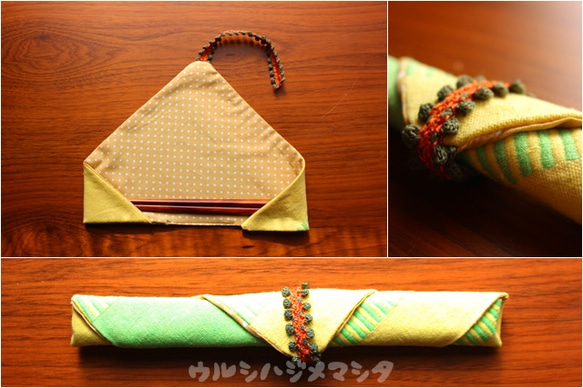 リバーシブル箸袋(黄縞×黄水玉)/REVERSIBLE CHOPSTICKS BAG(Yellow*Yellow) 2枚目の画像