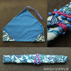 リバーシブル箸袋(水色×紅型風)/REVERSIBLE CHOPSTICKS BAG(SkyBlue×Flower) 3枚目の画像