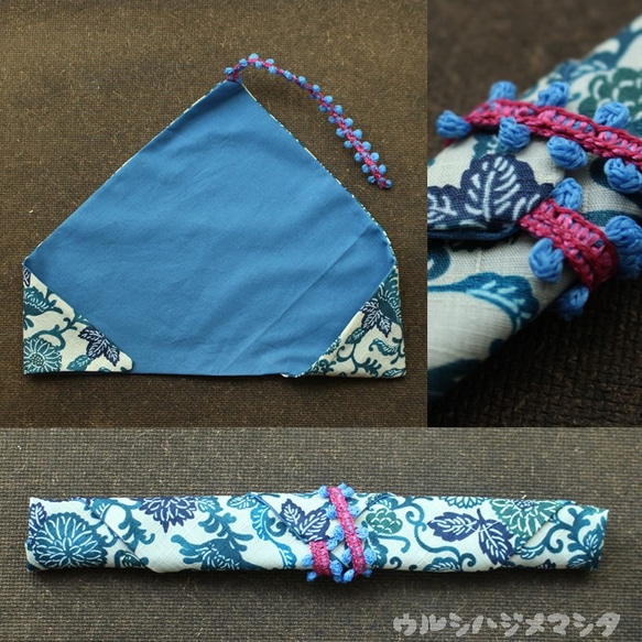 リバーシブル箸袋(水色×紅型風)/REVERSIBLE CHOPSTICKS BAG(SkyBlue×Flower) 3枚目の画像