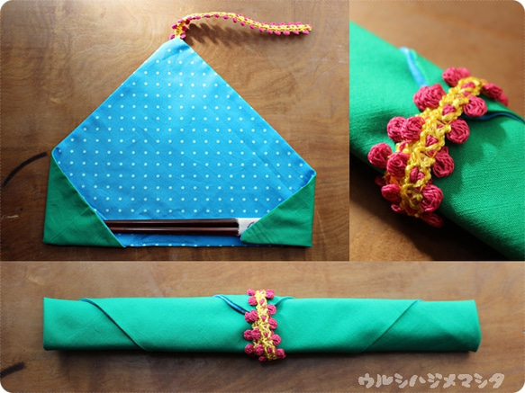 ★再次上架★可逆筷子袋（綠色×藍點）/可反轉筷子袋（綠色×藍色） 第2張的照片