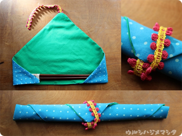 ★再次上架★可逆筷子袋（綠色×藍點）/可反轉筷子袋（綠色×藍色） 第3張的照片