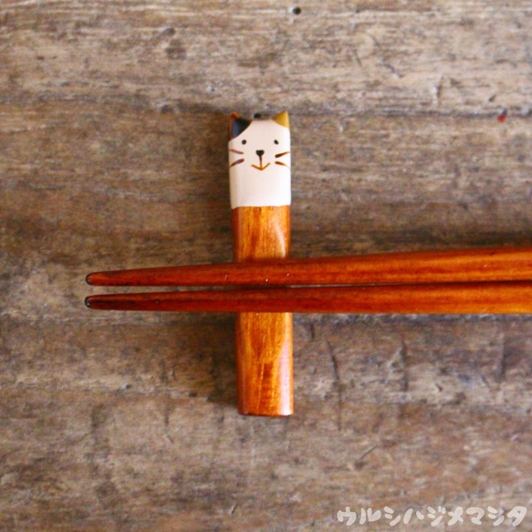 ◆23cm◆【セット販売】拭き漆の箸＋箸置き(三毛猫)／[Set Sale]Chopsticks+Rest(CAT) 4枚目の画像