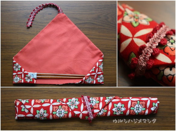 售罄：雙面筷子包（粉色 x 和服/紅色）/ REVERSIBLE CHOPSTICKS BAG（和服/紅色） 第4張的照片