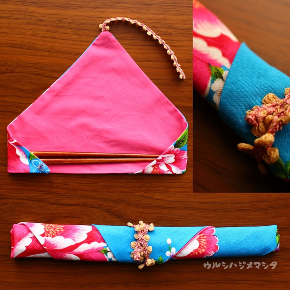 雙面筷包（客家花布/藍色）/REVERSIBLE CHOPSTICKS BAG（ChineseFlower/藍色） 第4張的照片