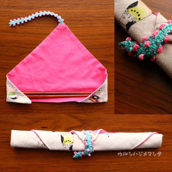 完売【セット】拭き漆の箸＋箸袋(桃×白猫)/[SET] CHOPSTICKS & BAG(Pink×WhiteCat) 5枚目の画像