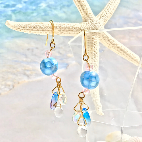モザイクシェルボールとハワイアンドロップのピアス/イヤリング ピアス 