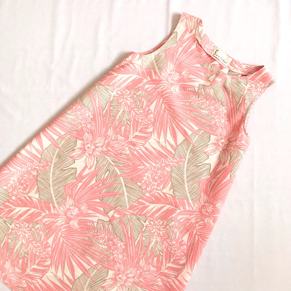 棕櫚葉和蘭花的喇叭裙[S~3L]鮭魚粉x米色 第15張的照片